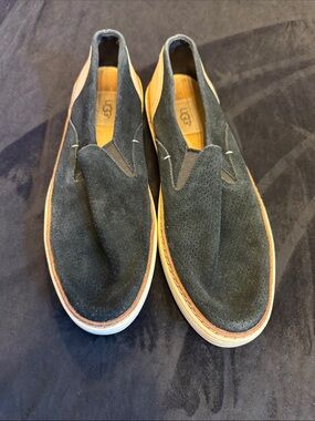 UGG Women’s Black Suede Slip-On Loafers with Tan Trim